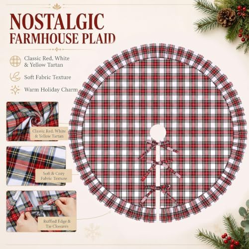 48 Inch Plaid Christmas Tree Skirt with Ruffle, Red White Yellow