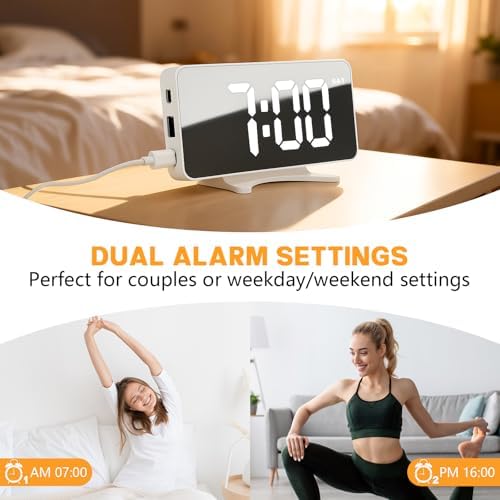Digital Alarm Clock for Bedroom Dimmable Dual Desk Clock for Heavy Sleepers