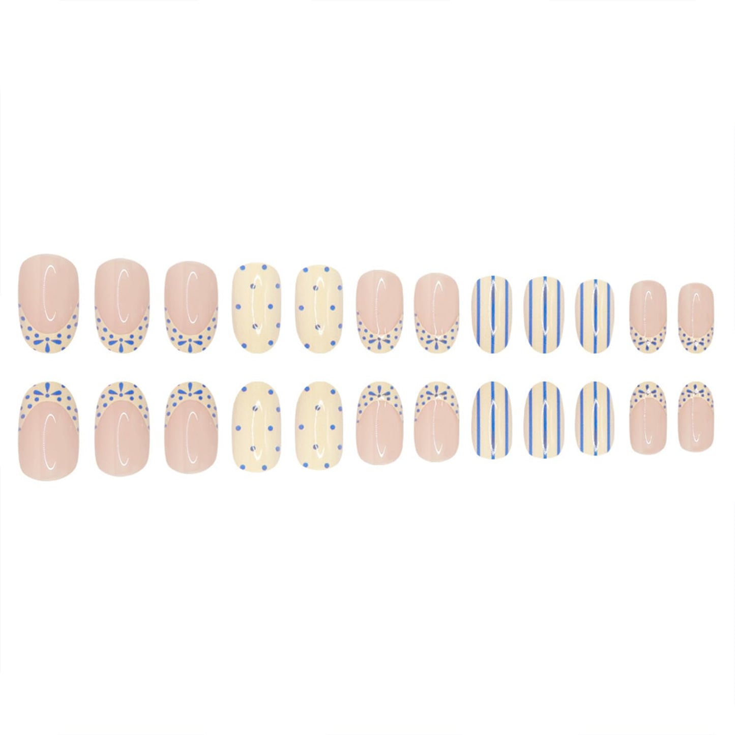 White French Tip Press on Nails Short Almond Fake Nails witn Blue Polka Dot Stripe Design Spring Summer False Nails Press ons Glossy Full Cover Glue on Nails for Women Girls Manicure Decorations