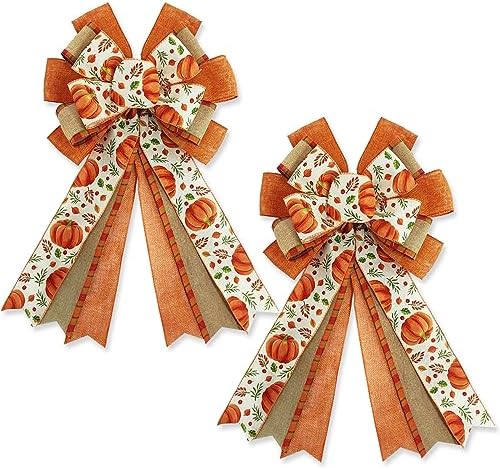 Whaline 2 Pack Fall Wreath Bow Pumpkin Print Burlap Bow Autumn Decorative Tree Topper Ornaments Gift Bows for Thanksgiving Birthday Wedding Party Supplies Indoor Outdoor Home Decor, 19.7 x 11.4 Inch