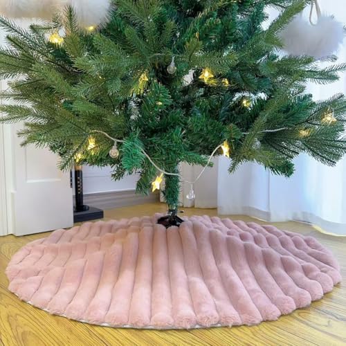 Faux Fur Christmas Tree Skirts, 30 inches Plush Fluffy Christmas Tree Skirt with Stripe Textured Pattern for Christmas Tree Decorations (78CM, Pink Stripe)