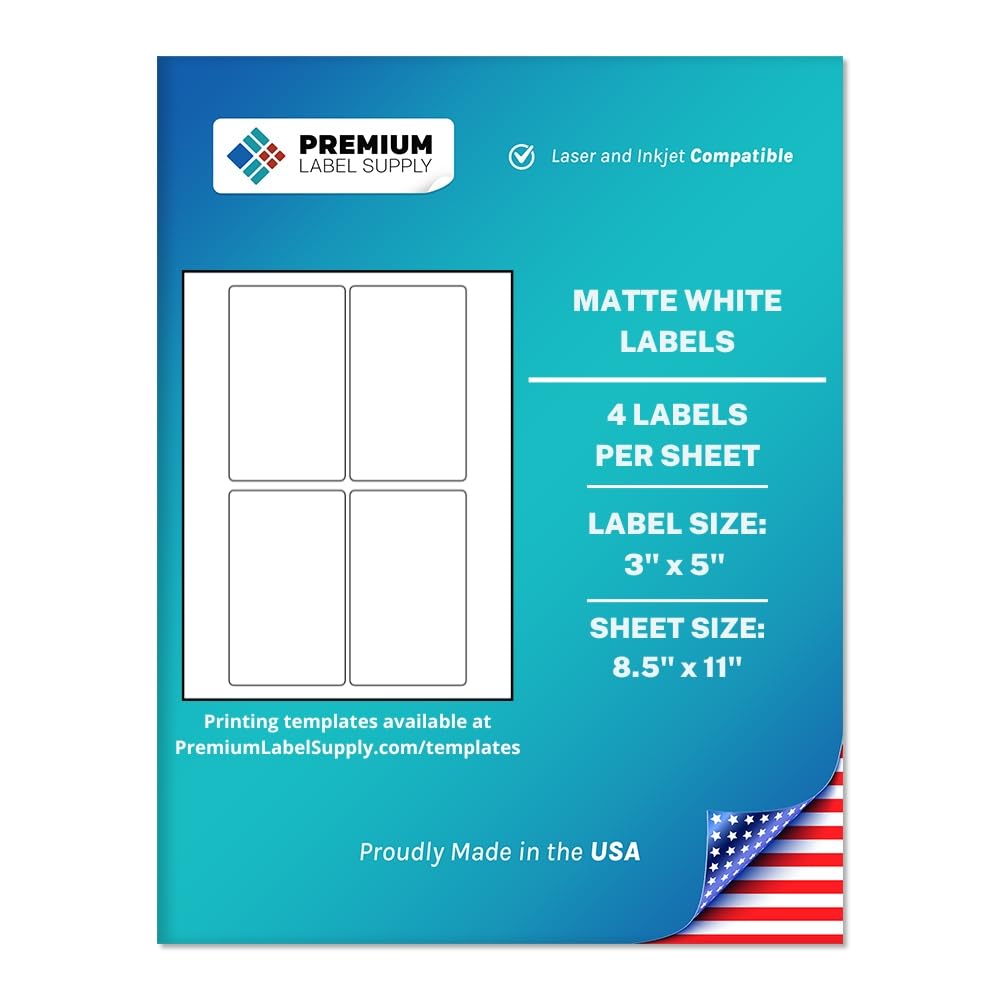 Premium Label Supply White Sticker Labels – 3" x 5" – Laser/Inkjet Compatible – (4 per Sheet), 25 Sheets – 100 Total Adhesive Labels