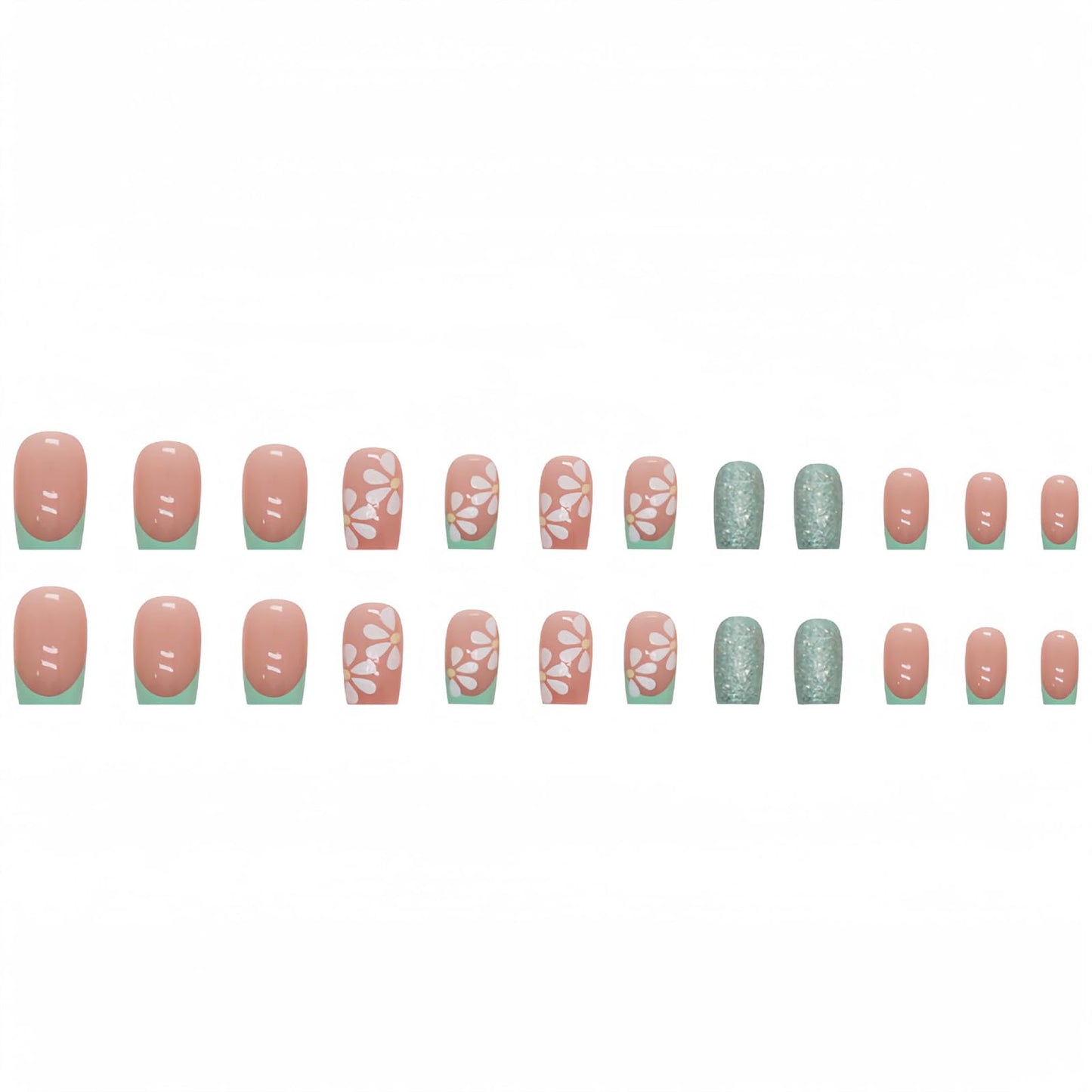 RUPOFUZA Green French Press on Nails Square Short Glitter Green Fake False Nails with Floral Full Cover Stick on Nail Acrylic Artificial Short Glue on Nail for Women 24Pcs