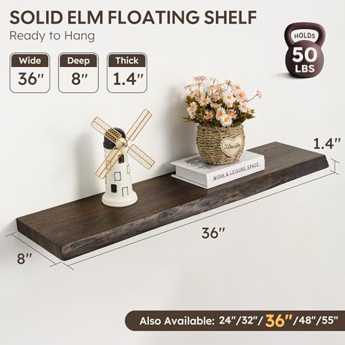 Floating Shelves Set of 2, Solid Elm Wood Wall Shelves 36 Inch - Invisible Bracket Mount for Living Room, Bedroom, Kitchen, Bathroom - Brown - color: Dark Brown, size: 36"L, 2-Pack