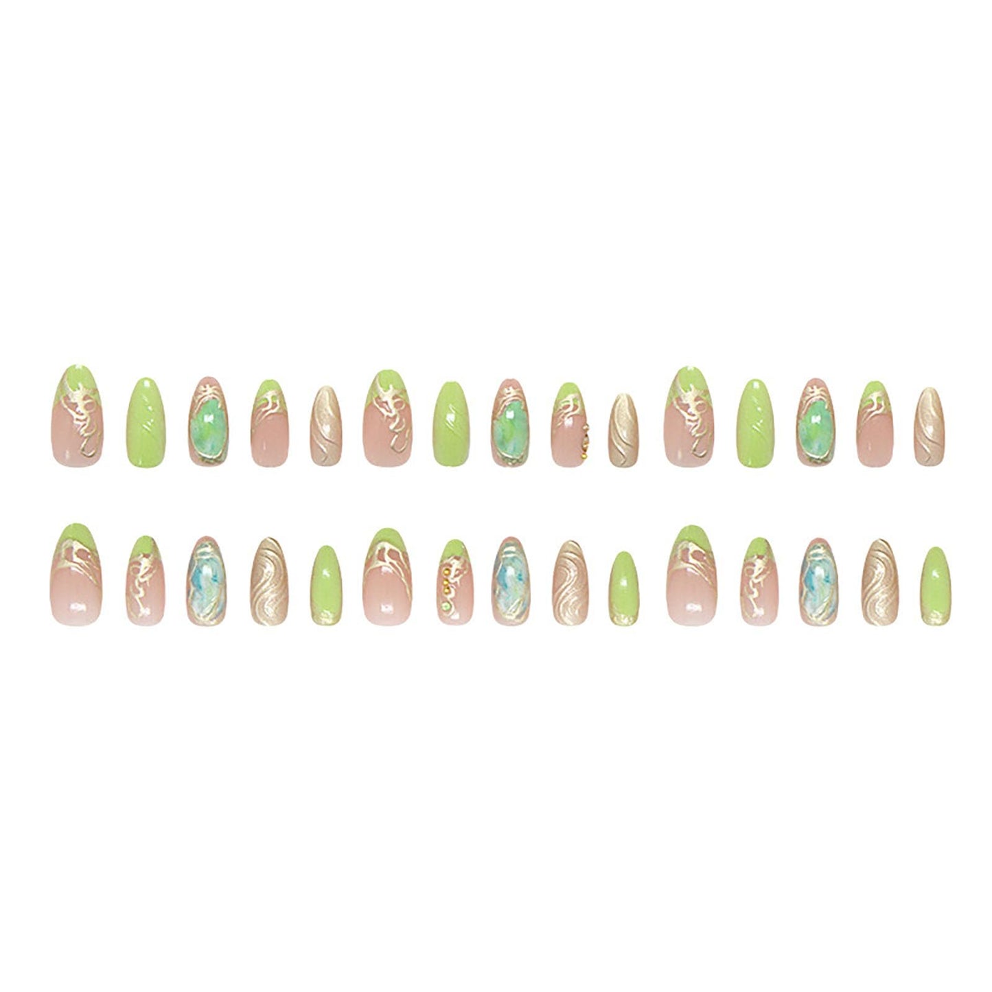RUOKEXIN Almond Press on Nails Medium Fake Nails Gold Sparkly False Nails with Designs Green Nail Press ons Glossy Artificial Nails for Women 30Pcs