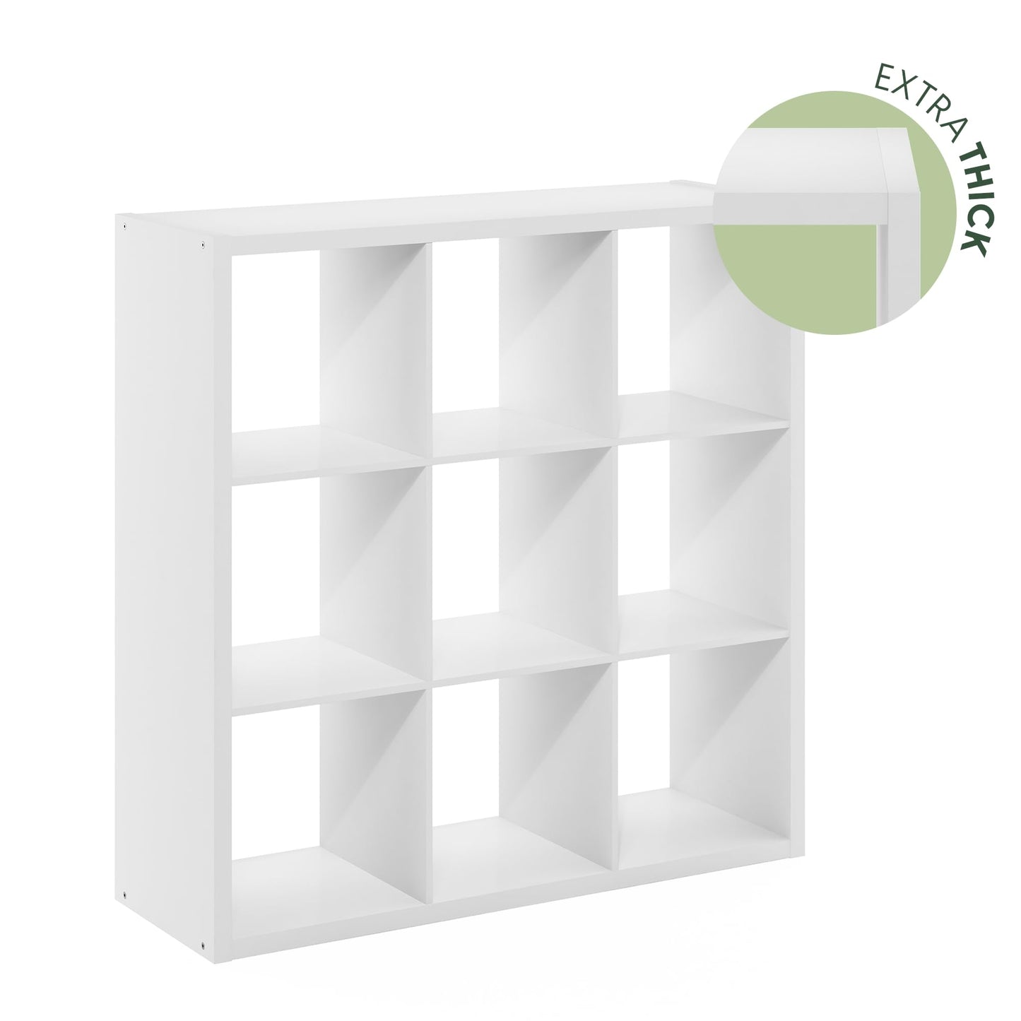 Furinno Cubicle Book Shelf, 9-Cube Bookshelf, Extra Thick Frame Reversible Tall Wide Bookcase with Open Back, 14.6 x 44 x 44, for Living Room, Bedroom, Home Office, Plain White