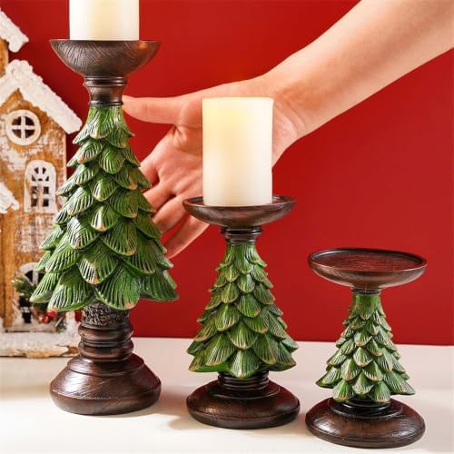 Resin Decorative Stand with Christmas Tree Pedestal, Distressed Finish Round Tray Accent for Holiday Home Decor Holiday Holder Christmas Tree Stand Resin Mantel Decor Table Centerpiece Vintage