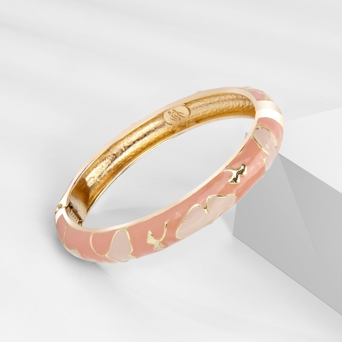 UJOY Elegant Bracelet Plated Enameled Jewelry Spring Hinge Metal Cuff Flower Heart Cloisonne Bangles Set Gift Box Packed 55A18-55A45 Cream Pink