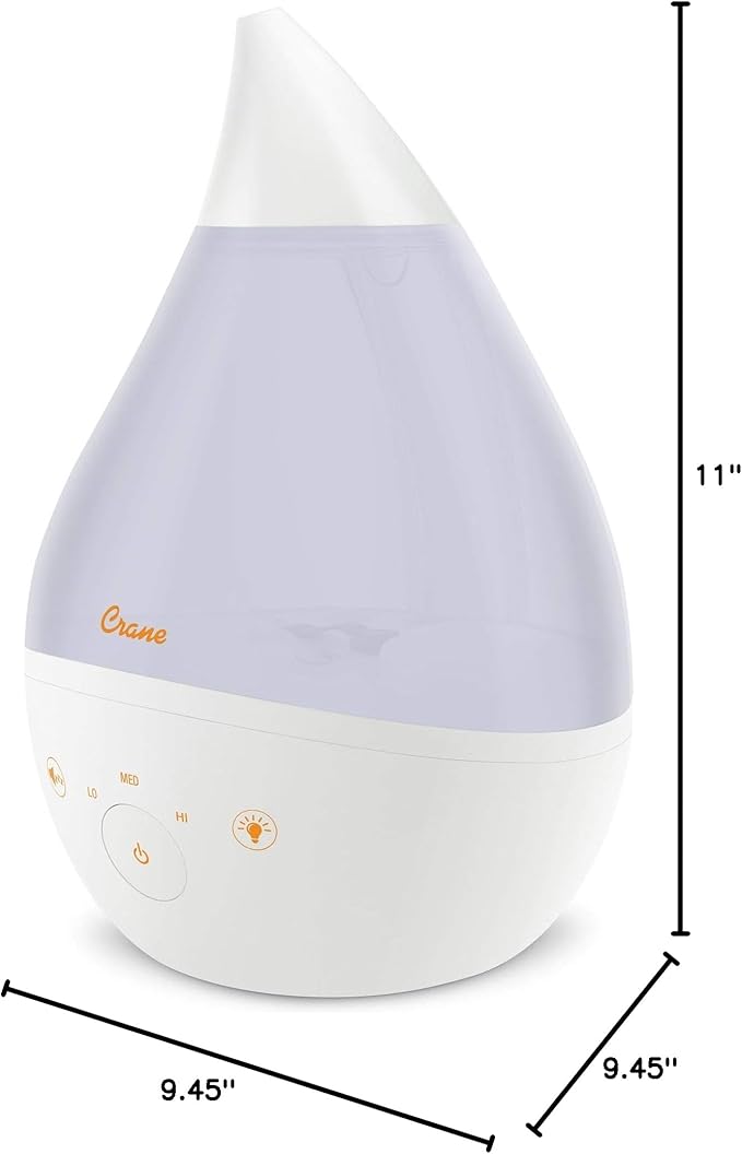 Crane 4-in-1 White Drop Ultrasonic Cool Mist Humidifier with Sound Machine, Night Light, Aroma Tray, 1 Gallon Top Fill White
