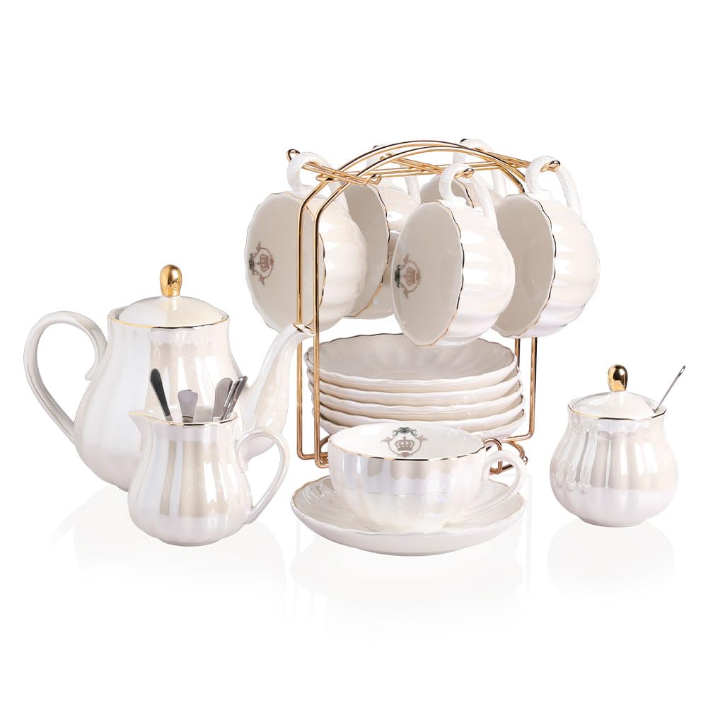 Sweejar Porcelain Tea Sets British Royal Series, 8 OZ Cups& Saucer Service for 6, with Teapot Sugar Bowl Cream Pitcher Teaspoons and tea strainer for Tea/Coffee (Coral White)