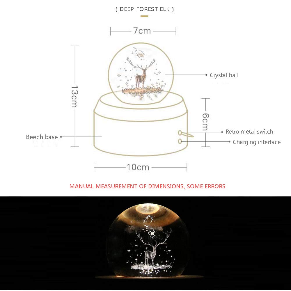 FSIGOM Projection LED Light-3D Crystal Ball Music Box Luminous Rotating Musical Box-Wood Base Best Gift for 【Mother's Day Gift】 Birthday Christmas (Elk)