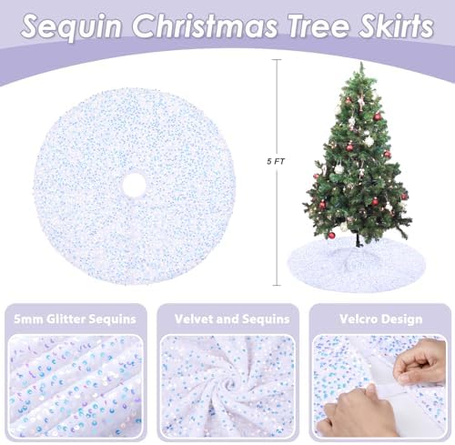 Mini Tree Skirt 24 Inches White Iridescent Sequin Embroidery Velvet Tree Skirts for Home Party Christmas Tree Decorations