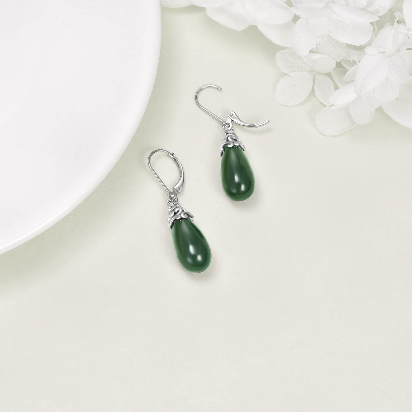 POPLYKE Jade Filigree Teardrop Drop Dangle Earrings Sterling Silver Leverback Earrings Jewelry