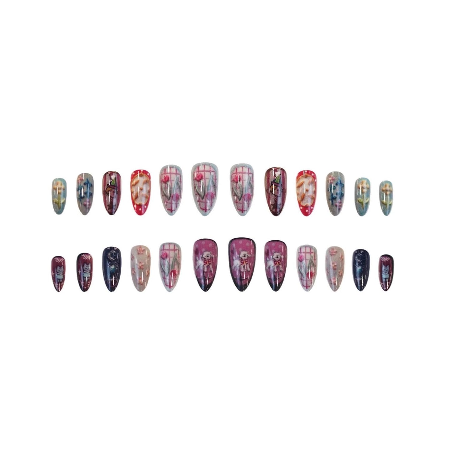 Press on Nails Medium Almond SWEKKE Fake Nails Cute False Nails with Polka Dots Flower Cat Sheep Designs Glossy Glue on Nail Full Cover Acrylic Nails for Women Girls 24Pcs