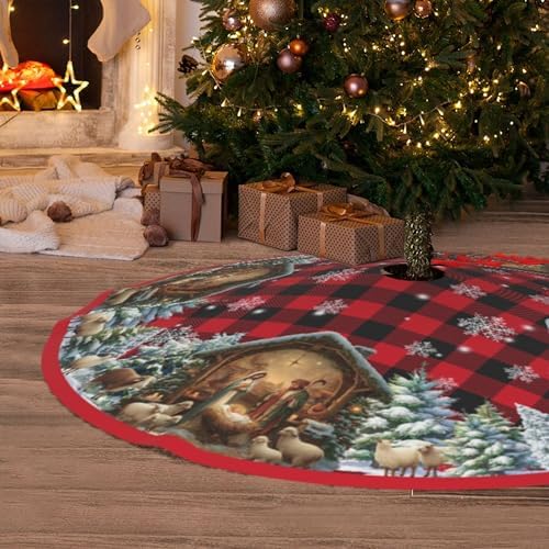 Nativity Christmas Tree Skirt 36 Inch Xmas Tree Mat Party Decor Supplies for Holiday Home Decorations