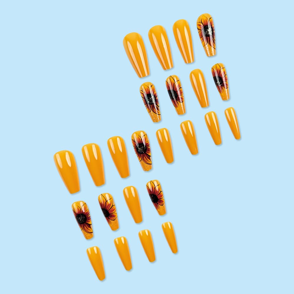 Glitter Yellow Flower Press on Nails Medium Coffin Fake Nails Flower False Nails with Sunflower Designs Glossy Stick on Artificial Nails Spring Summer Acrylic Nail Decorations for Women 24 pcs