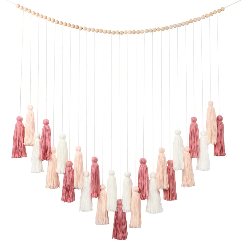 DrCor Blush Pink Boho Macrame Wall Hanging – Handmade Rose Gold Tassel Decor for Nursery, Dorm, Baby Shower, Wedding, Cozy Home or Classroom Display