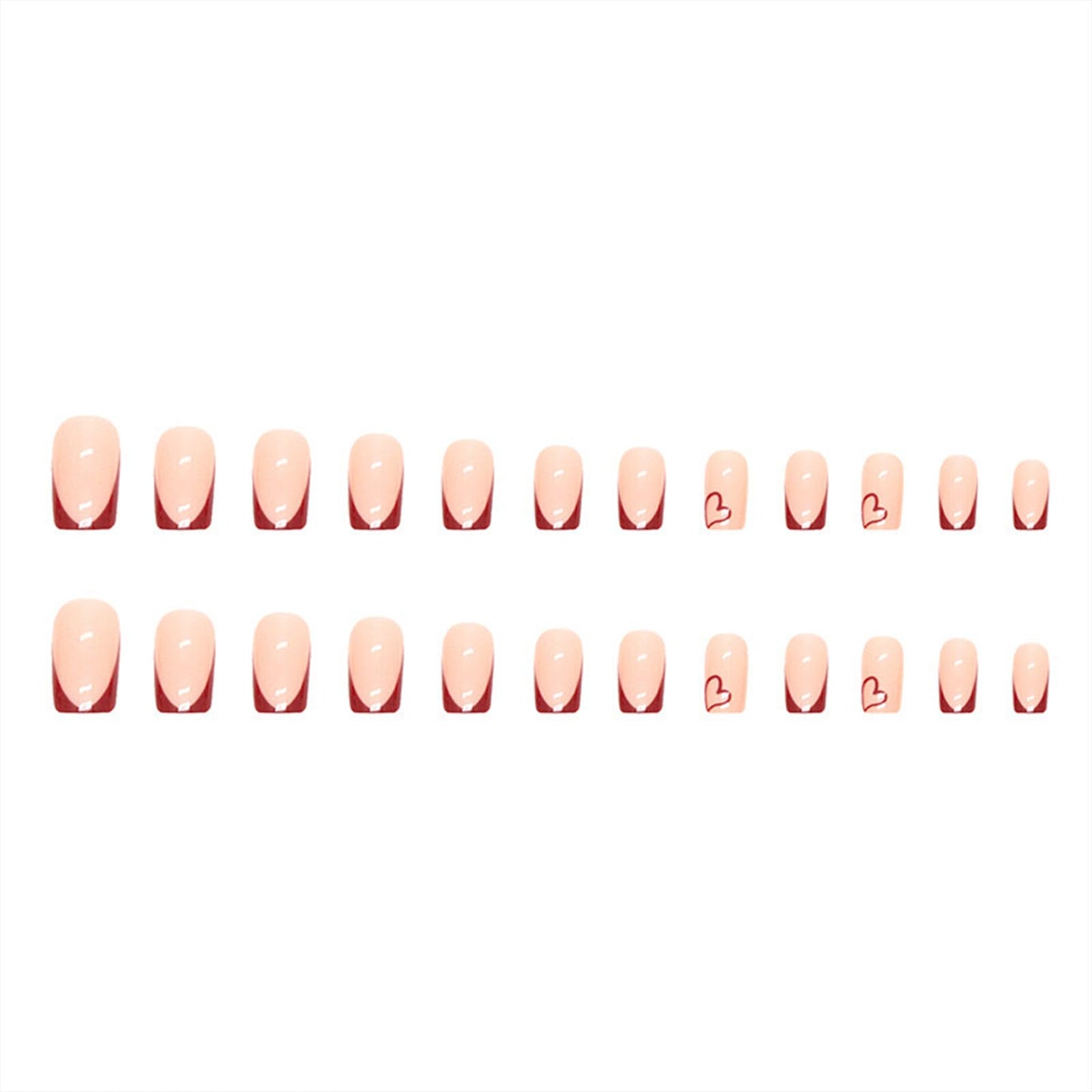 Red French Tip Press On Nails - Heart Shaped, Medium Square, Glossy False Nails - Nude Full Cover Acrylic - 24 Pcs