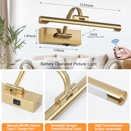 Tassuowell Rechargeable Picture Light with Remote Control,12 Inch Brass Finish Adjustable Wireless Art Lighting Fixture,Painting Lights with Timer,3 Color Temperature and Dimmable - color: Brass, size: 12inch