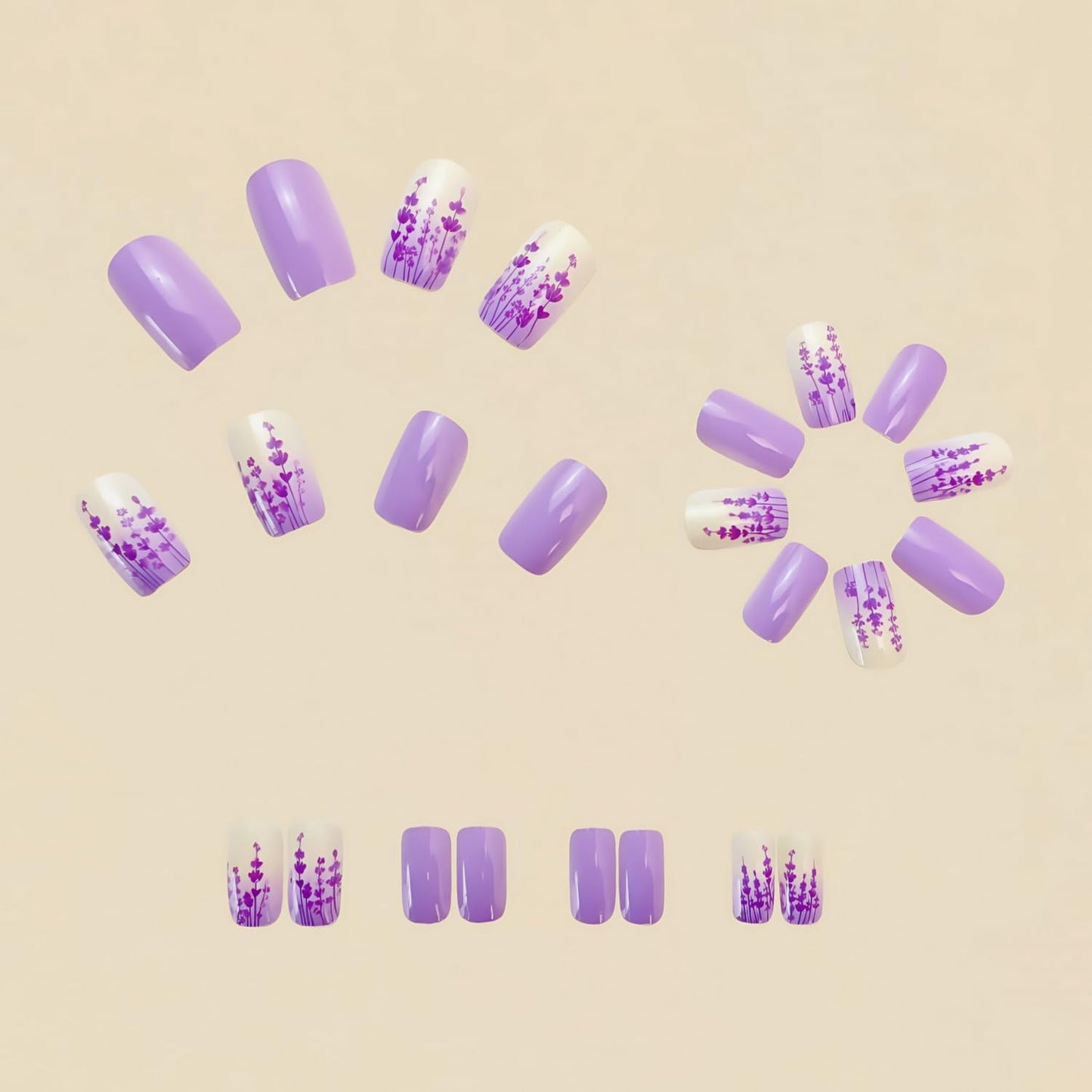 24pcs Purple Press on Nails Medium Length Square Fake Nails with Lavender designs Spring Stick on Nail Full Cover False Nails Acrylic Reusable Glue on Nails for Women Summer Manicure