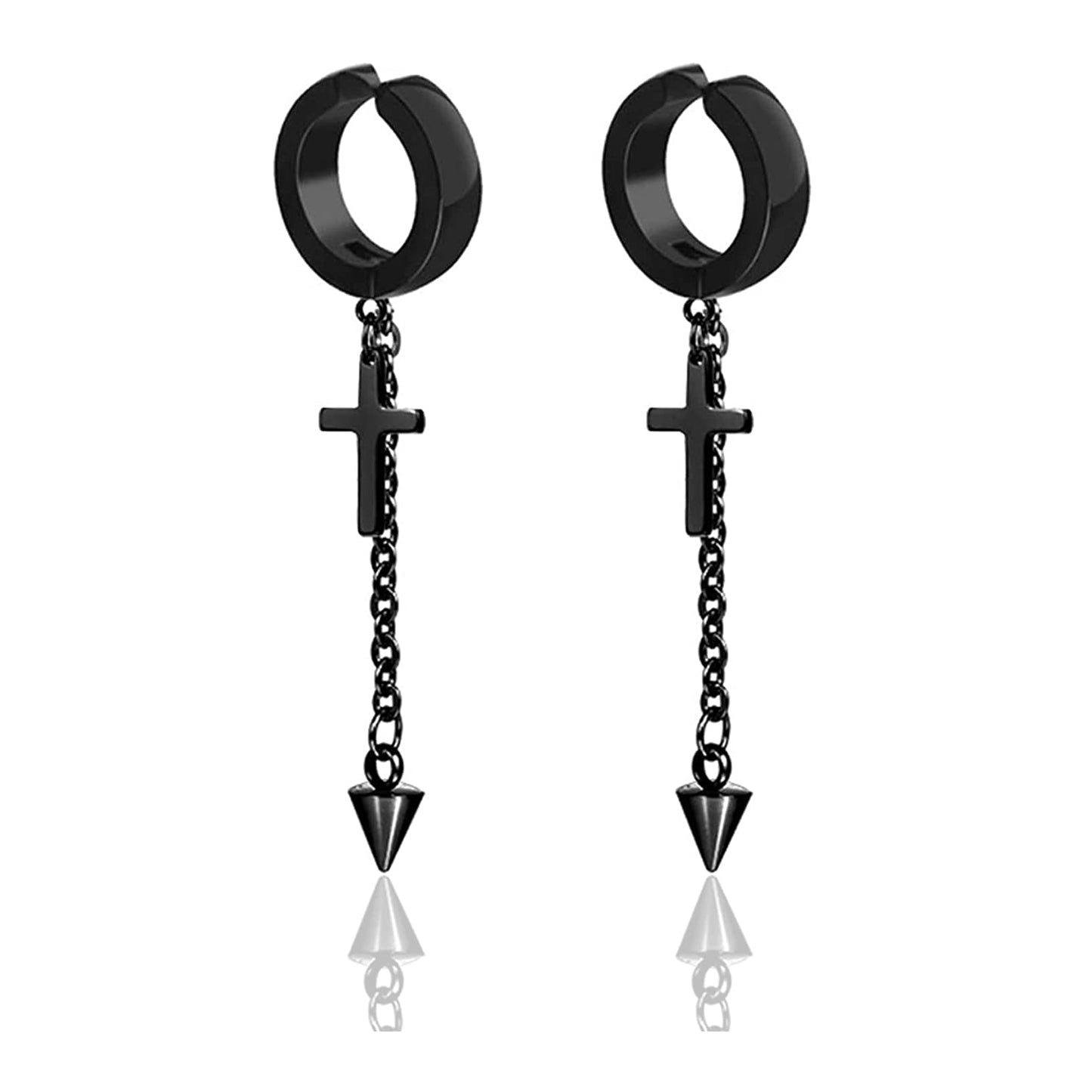 Fusamk Punk Rock Stainless Steel Cross Ear Clip Earrings Long Chain Drop Dangle Earrings(Black)