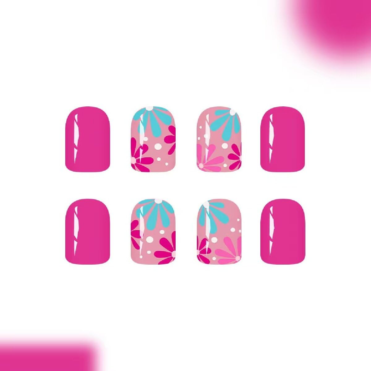 Pink Press on Nails Short Square Fake Nails with Flower Spot Design Full Cover Spring Stick on False Nails for Women 24 Pcs
