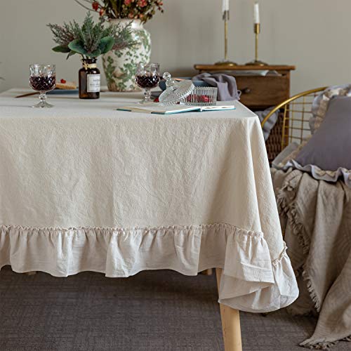 GLORY SEASON Retro Farmhouse Ruffle Tablecloth Cotton Flounces Trim Washable Table Cover Tablecloths for Rectangle Table Baby Shower Kitchen Party Wedding Decor 60''x102'' - size: 102" x 60" (Rectangular)