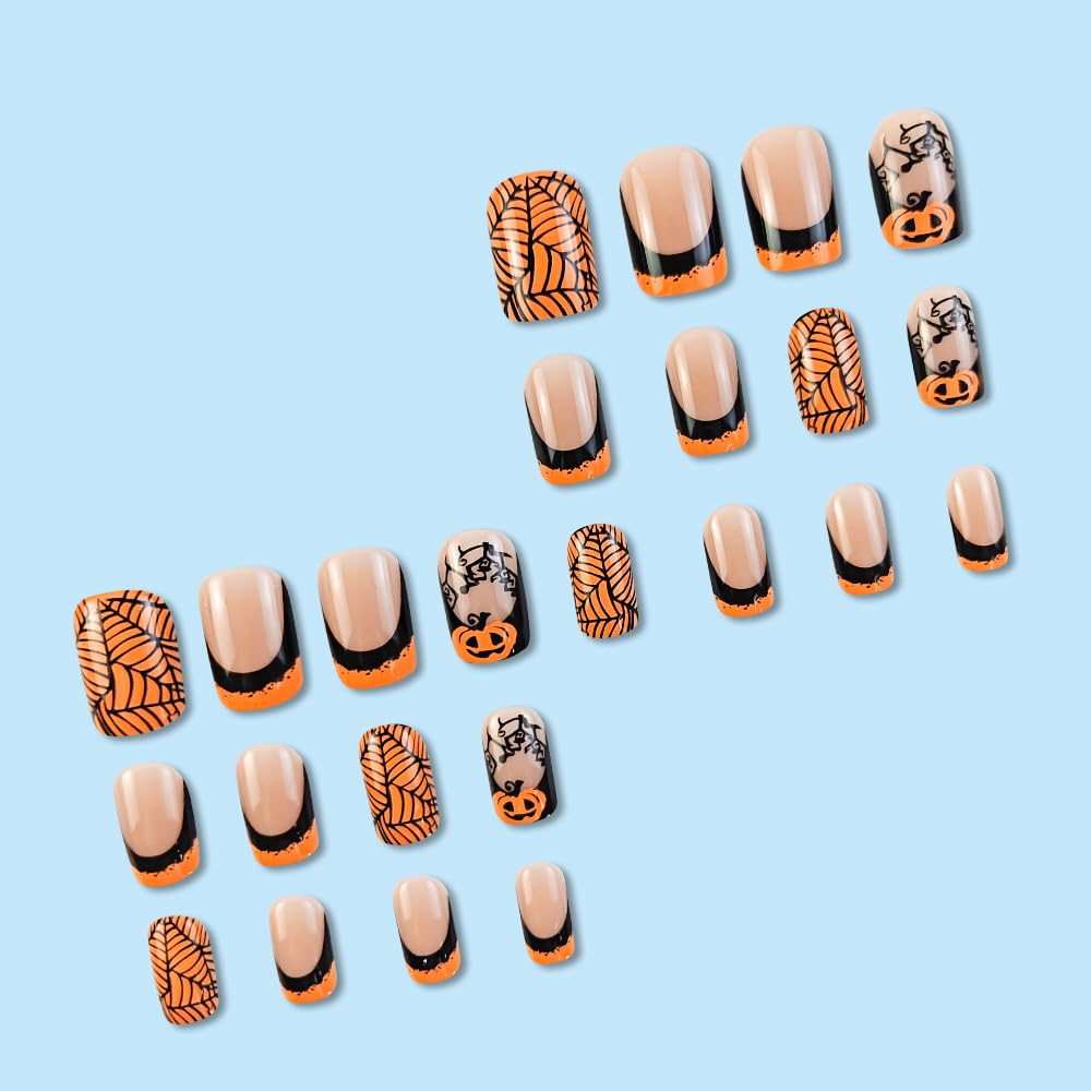 24PCs French Press on Nails with Cobweb & Pumpkin Designs - Fake Nails in Yellow, Medium Square Size, Natural Glue, For Women & Girls