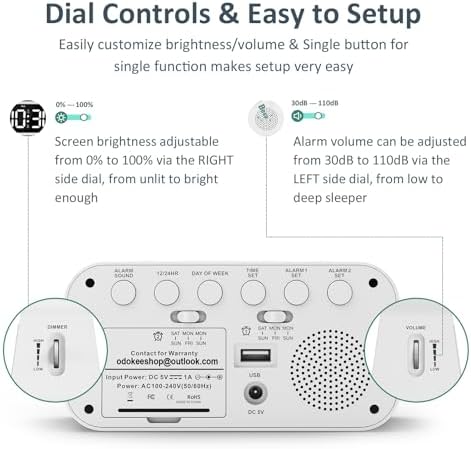 Odokee Digital Dual Alarm Clock for Bedroom, Easy to Set, 0-100% Dimmer, USB Charger, 5 Sound Adjustable Volume, Weekday/Weekend Mode, Snooze, 12/24Hr, Battery Backup, Compact Clock for Bedside(White) | Easy to Set Alarm Clock with Weekday/Weekend Mode...