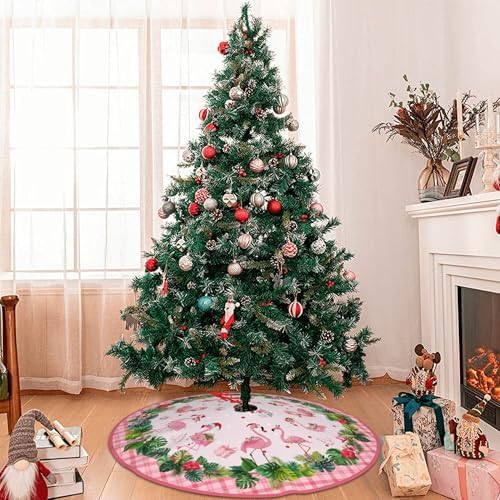 Pink Flamingos Christmas Tree Skirt 36 Inch Xmas Tree Mat Party Decor Supplies for Holiday Home Decorations