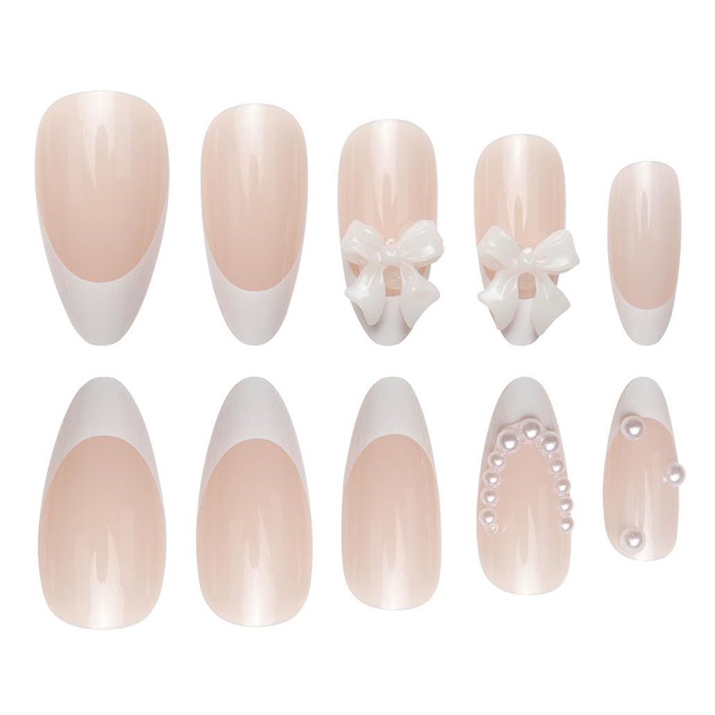 Foccna Press on Nails Almond Medium Pearl White Fake Nails French Glossy 3D False Nail Tips Artificial Nails Finger Manicure for Women&Girls -24 pcs
