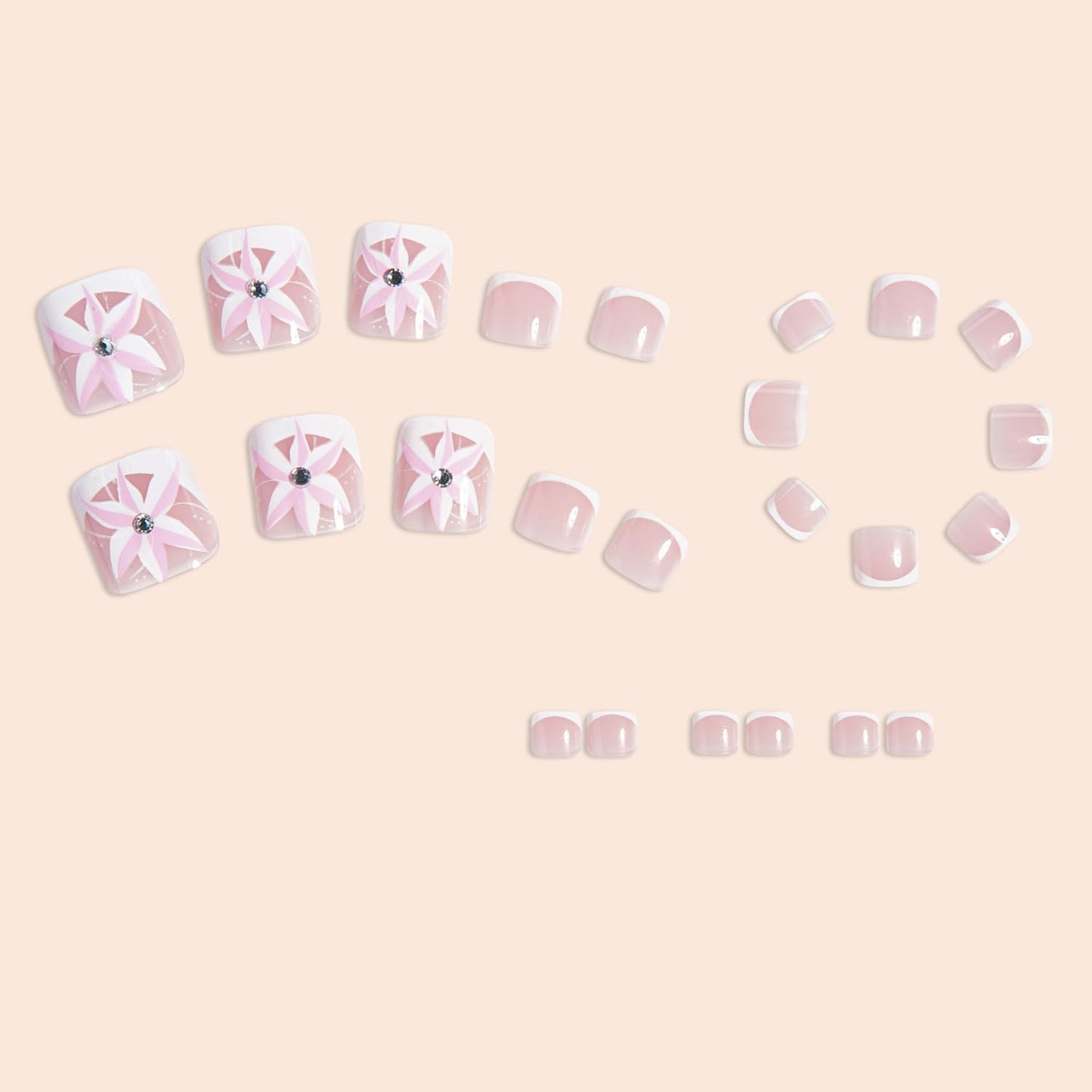 Summer Flower Press on Toenails Rhinestones False Toenails White French Tip Toe Nails Reusable Full Cover Toe Nails for Women