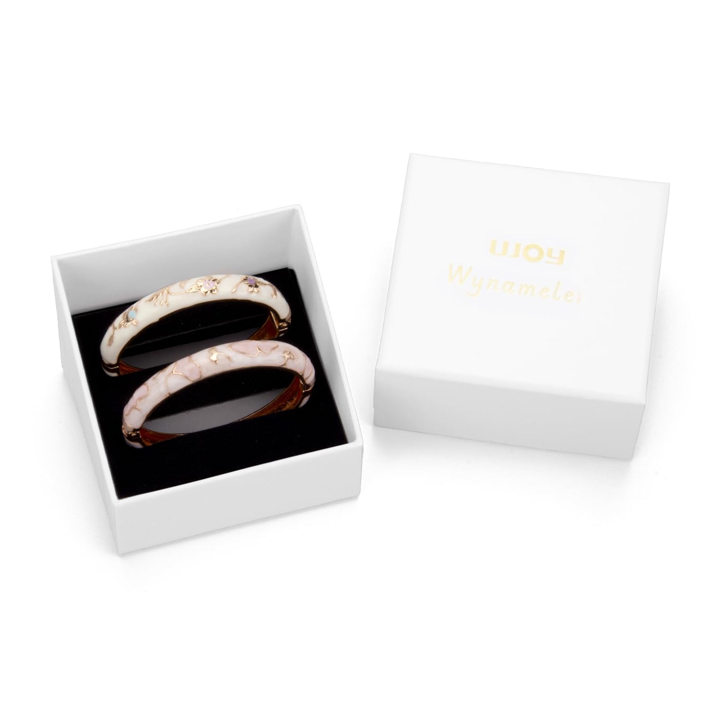 UJOY Elegant Bracelet Enameled Jewelry Spring Hinge Metal Cuff Cloisonne Rose Gold Bangles Set Gift Box Packed 55A45-55A81 Pink White