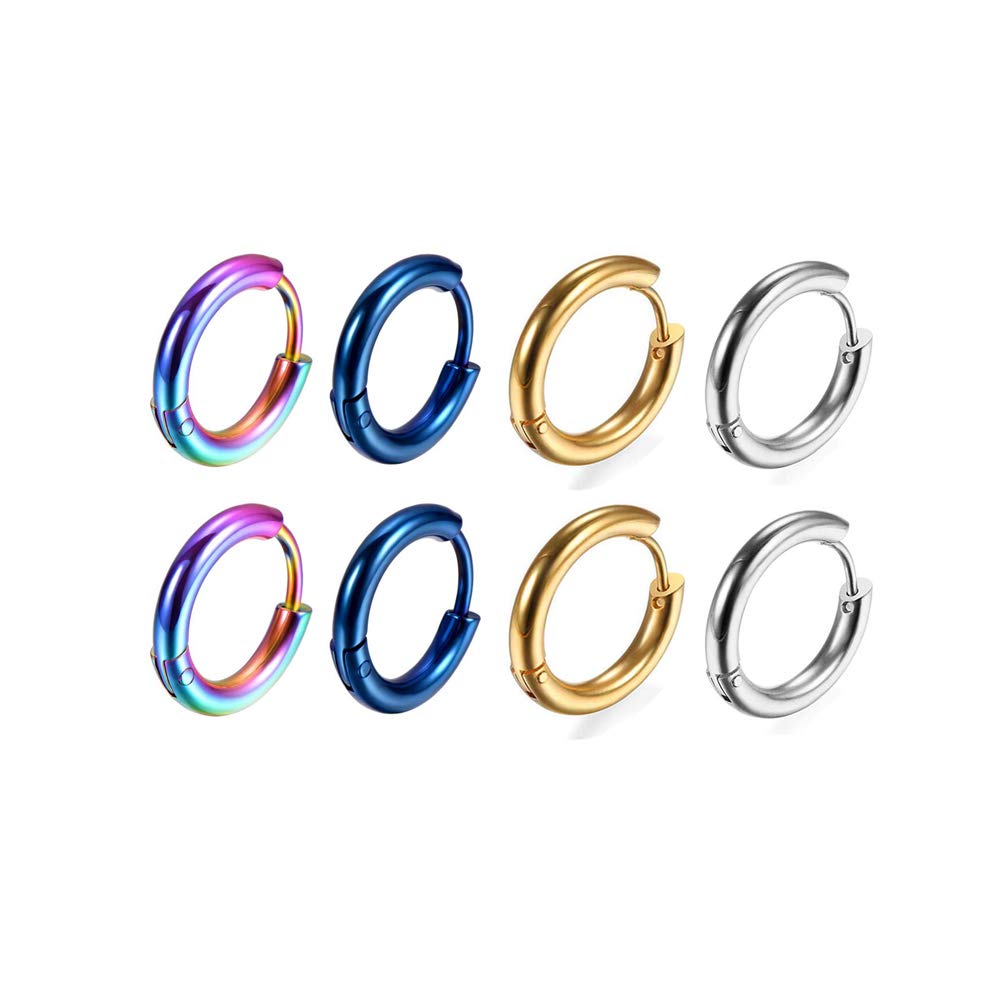 316L Surgical Stainless Steel Huggie Hoop Earrings 8mm Hypoallergenic Earrings Hoop Cartilage Helix Lobes Hinged Sleeper Earrings For Men Women(Gold+Silver+Blue+Rainbow(8Pcs))
