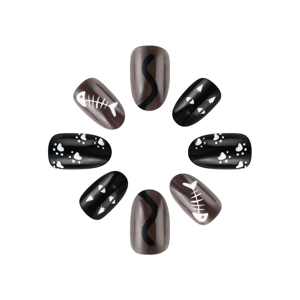 Halloween Press on Nails Short Oval Fake Nails Balck Cat Acrylic Nails with Designs Stray Cat Glue on Nails Short Almond False Nails Stick on Nails for Women Nails Deco 24Pcs