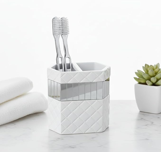 Creative Scents Quilted Mirror White Bathroom Accessories Set - Decorative 4 Piece Bathroom Set - Mirrored Bathroom Accessory Set Includes: Soap Dispenser, Toothbrush Holder, Tumbler & Soap Dish