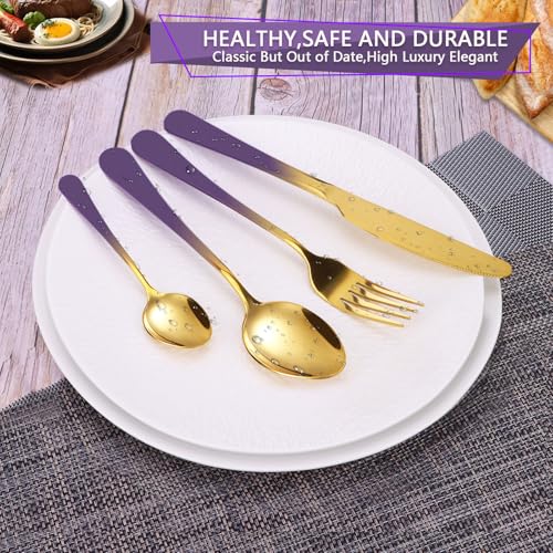 24 Pieces Flatware Set, Stainless Steel Cutlery Set with Silverware Holder, Modern Gold Silverware Set Includes Dinner Knives Forks Spoons,Hanging Silverware Set Service for 6 (Purple) - color: Purple