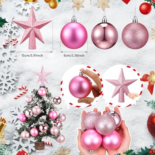 RoundFunny 25 Pcs Mini Christmas Balls Ornaments Set 2.36 Inch Christmas Day Ball Topper Star Tree Hanging Ornaments for Party Decoration(Pink)