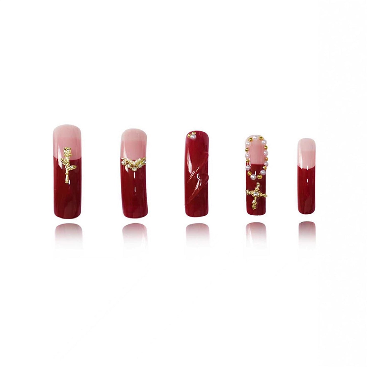 IMSOHOT Extra Long Press on Nails Curved Long Fake Nails Wine Red French Nail Tips, Golden Charms, Glossy, Acrylic False Nails Full Cover Handmade DIY Glue on Nails