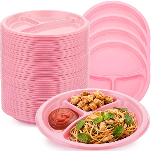 Umigy 100 Pcs 10 Inch 3 Compartments Divided Plastic Plates Bulk Colorful Disposable Heavy Duty Round Dinnerware for Party Valentine Wedding Birthday(Pink) - color: Pink