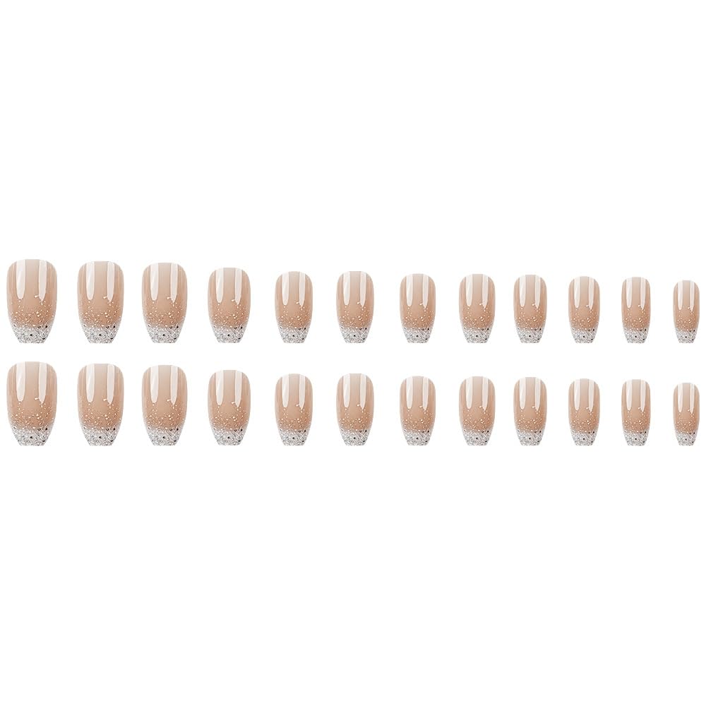 Ombre Press on Nails Short Coffin Nude Acrylic Glitter Glue on Medium Gradation False Glossy Nature Stick on for Women Girls Manicure 24Pcs