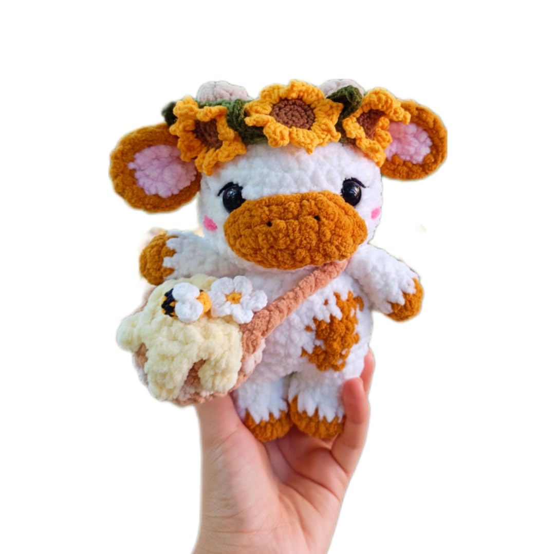 Handmade Sunflower Cow Plush – Soft Crochet Cow Stuffed Animal, Kawaii Plushie, Cuddly Cow Toy, Nursery Decor & Unique Handmade Gift