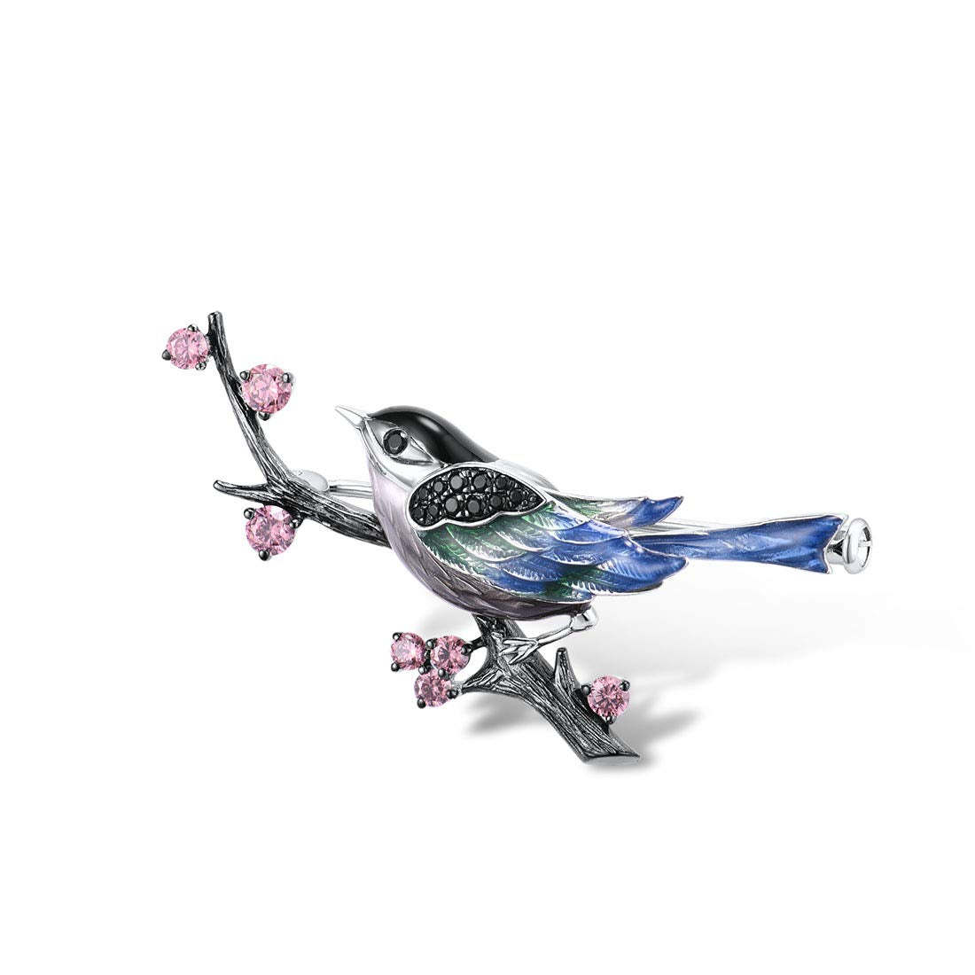 Santuzza Magpie Brooch 925 Sterling Silver Enamel Bird Black Spinel Brooches Pin for Women