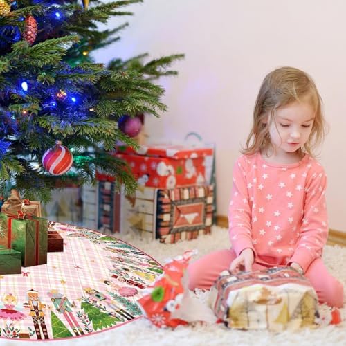 Christmas Tree Skirt 48 Inch Winter Xmas Pink Nutcracker Home Party Decor