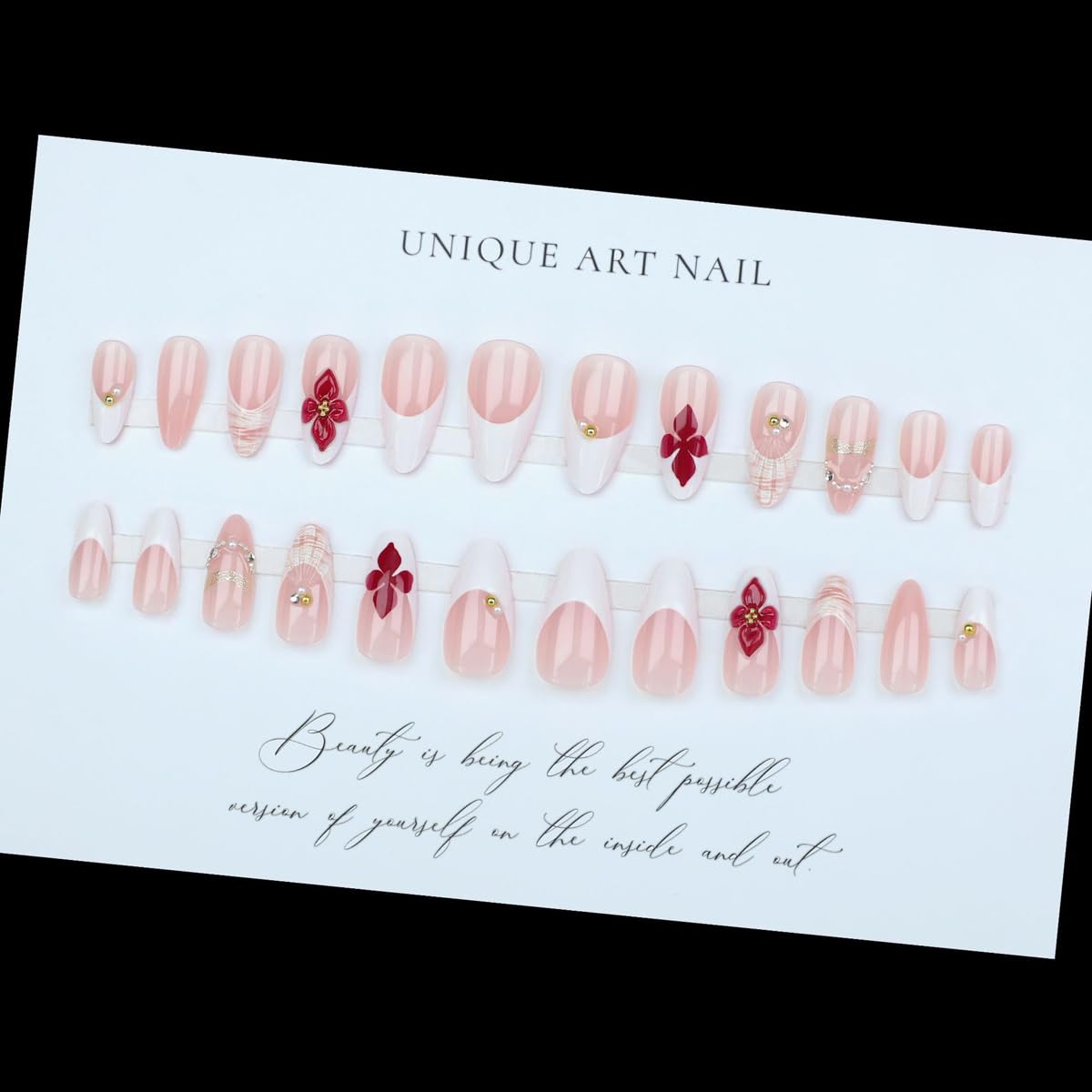 Medium Press on Nails Almond, French Tip Fake Nails with 3D Flower & Ocean Shell Design, Summer Vacation Beach False Nails Press ons, Full Cover Acrylic Glue on Nails for Women Manicure Kit 24Pcs