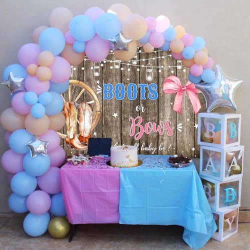 Sensfun Boots or Bows Gender Reveal Backdrop Boy or Girl Baby Shower Party Decorations Rustic Wooden Cowboy Boots Pink Bow Photography Background Western Gender Reveal Banner Photo Booth Props 10x7ft - size: 10x7ft
