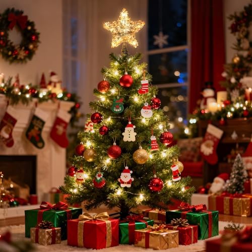 Christmas Tree Topper Star Shiny Gold Tinsel Star Tree Topper 10 Inch Lighted Tree Topper Battery Operated Christmas Tree Decoration for Holiday Indoor Decoration Warm White Light