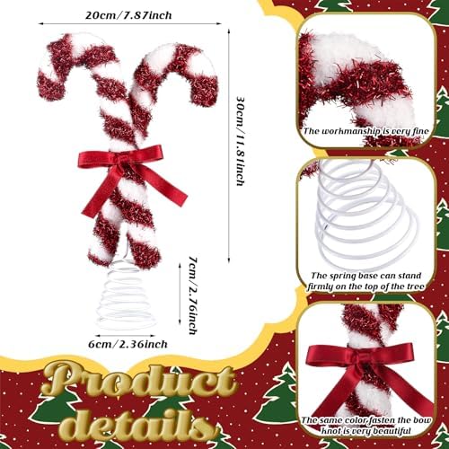 Gejoy Christmas Tree Topper Red Peppermint Candy Cane Bow Tree Topper 10.7 Inch Red and White Sparkling Candy Lollipop Xmas Toppers Christmas Ornament Decorations for Holiday Decor (Cute)