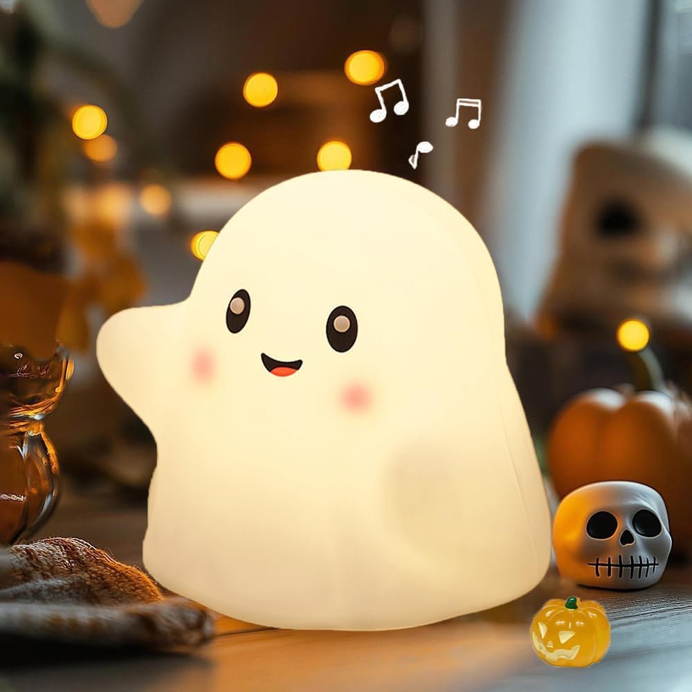 Ghost Night Light for Kids,Halloween Night Light with 13 Interactive Sound Effects ,Cute Silicone Light with 3 Levels of Brightness,Suitable for Indoor Halloween Decorations and Family (white ghost 1)
