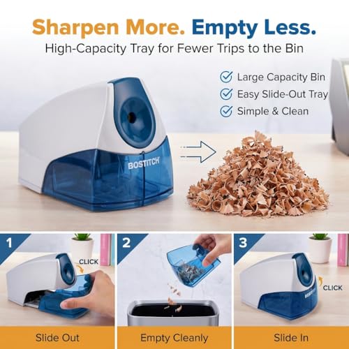 Bostitch Office Electric Pencil Sharpener, Heavy Duty Powerful Stall-Free Motor, High Capacity Shavings Tray, for Office or Classroom, Blue